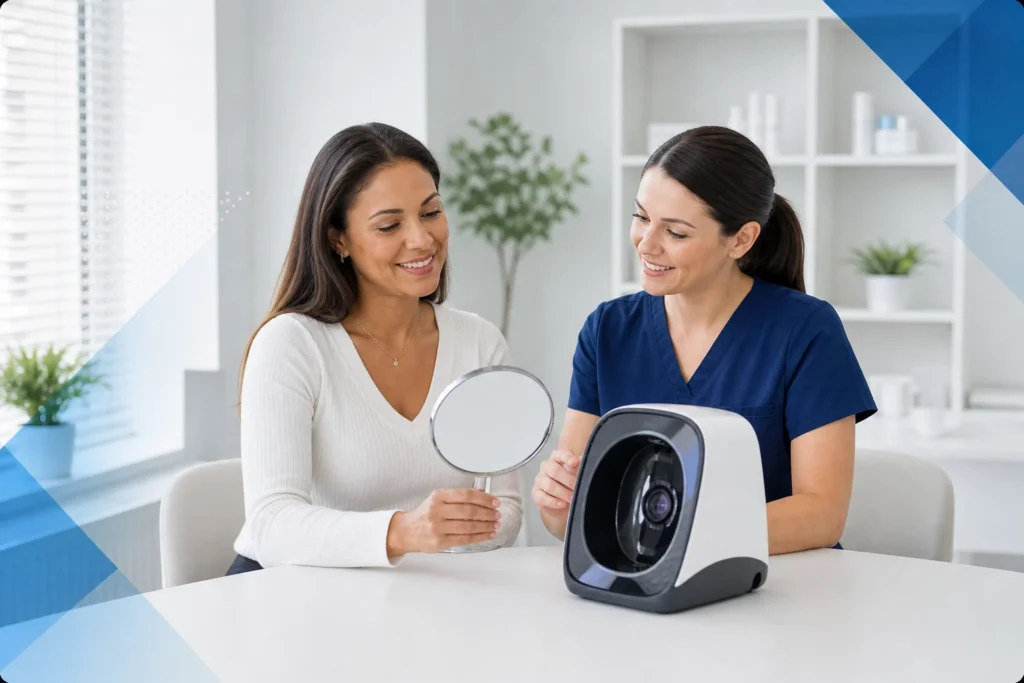 Patient and clinician discussing medically guided aesthetic therapy and natural skin goals