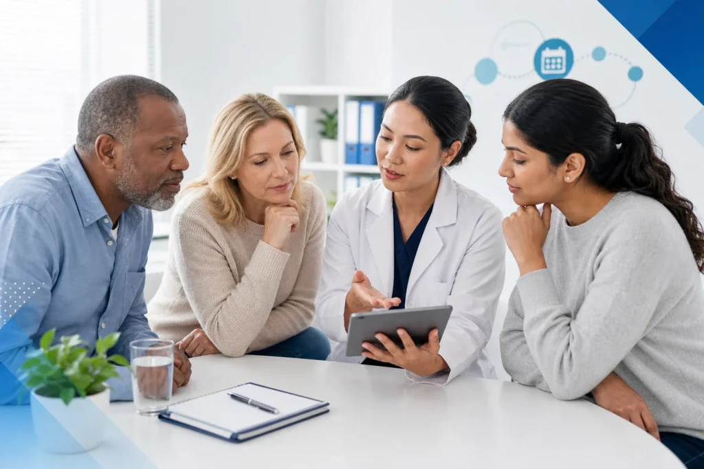 Adults reviewing an age-appropriate cancer screening plan with a primary care clinician